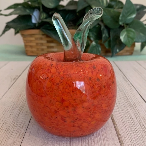 Orange Art Glass Weighted Apple Paperweight With Clear Green Stem Leaf 4 1/2” T - Picture 5 of 15